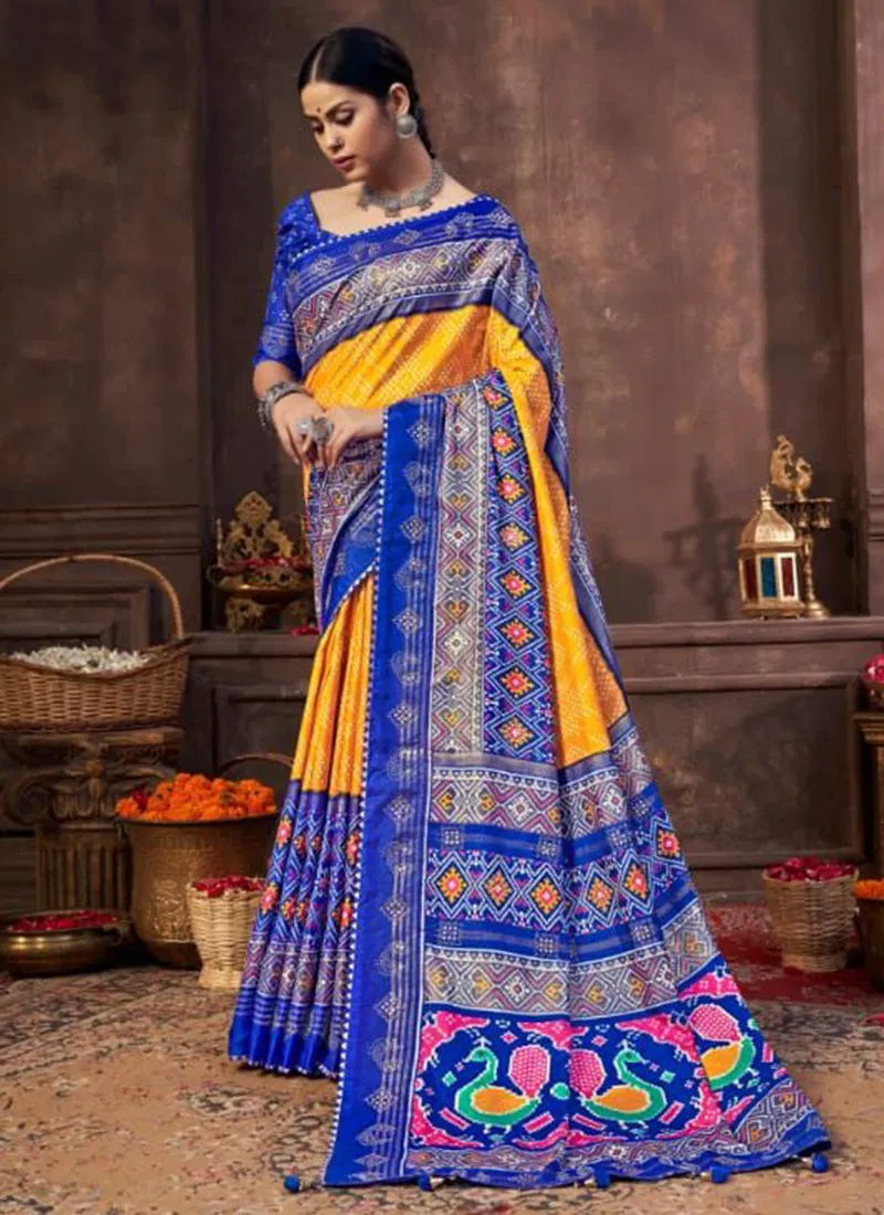 Blue And Yellow Colour SHUBH SHREE KESARIYA 2 Fancy Dola Silk Printed Festive Wear Saree Collection 2004